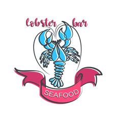 Lobster bar. SEAFOOD. Emblem with red ribbon. Draft beer, bar, shop, emblems and labels. Corporate identity corporate identity logo design template.