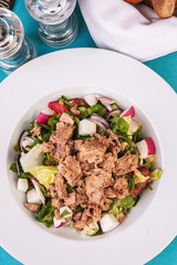  Seafood, Mediterranean cuisine. Salad from sea tuna fish with greens, cucumber, lemon and chili pepper, radish. Japanese food