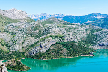 mountain lake with blue water