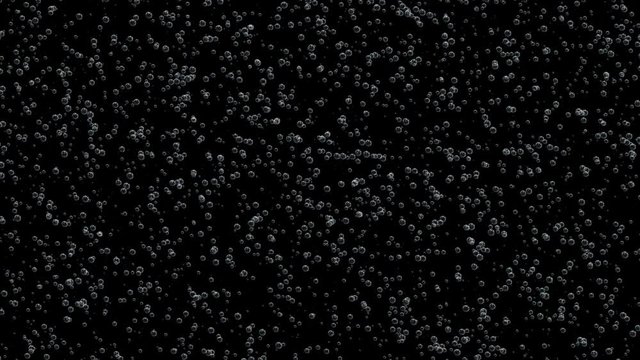Beautiful motion through the underwater bubbles cloud on black backgrounds. Animation of fast flowing bubbles. Numerous small air bubbles rising up.