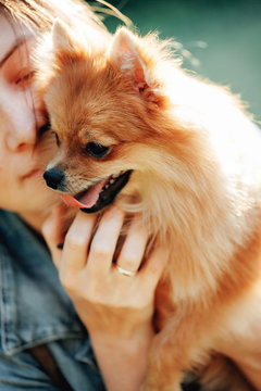 Smiling woman hugging pomeranian spitz-dog outdoor at the mountain in a sunny summer day