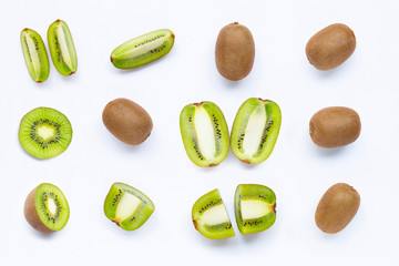 Kiwi fruit with slices isolated on white background.