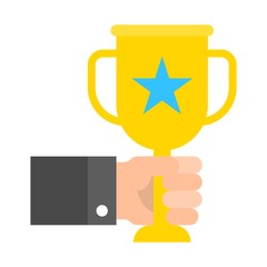 Hand holding gold cup vector illustration, flat style icon