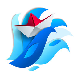 Origami paper ship toy swimming on huge ocean waves, dramatic vector illustration of stormy weather in the ocean with toy boat struggles to survive.