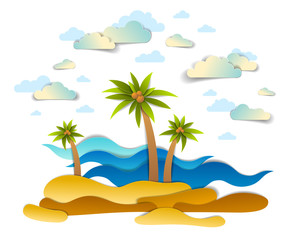 Beautiful seascape with sea waves, beach and palms, clouds in the sky, vector illustration in paper cut style, seashore summer beach holidays theme.