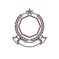 Obraz premium Graphic emblem composed with military Star and decorative ribbon. Heraldic vector design element. Retro style label, heraldry logo.