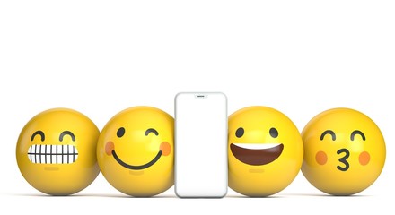 Smartphone mockup with blank screen and fun emoji character. 3D Render