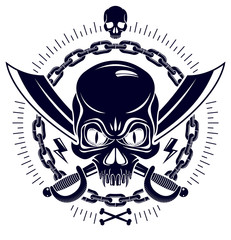 Aggressive skull pirate emblem Jolly Roger with weapons and other design elements, vector vintage style logo or tattoo dead head.