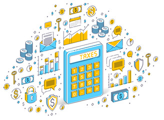 Calculator idea isolated on white background, tax concept. Isometric 3d vector finance illustration with icons, stats charts and design elements.