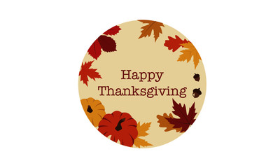 Happy Thanksgiving day vector illustration. Round illustration with autumn yellow leaves, red leaves, acorns and pumpkins. Fall season. Perfect for cards and invitations.