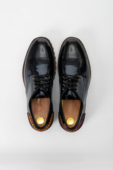 Classic male leather shoes. Isolated on white background. Top view