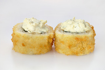 sushi fried on a white background, close-up