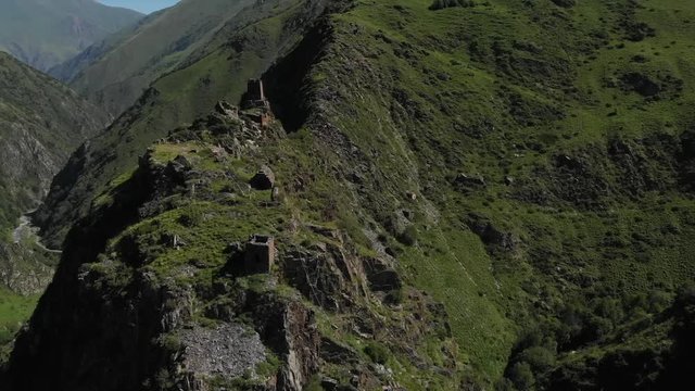 Mutso. Fortress in Tusheti region, Georgia at sunrise Aerial Video