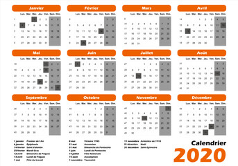 calendrier français 2020 jaune orange