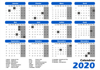 calendrier français 2020 bleu