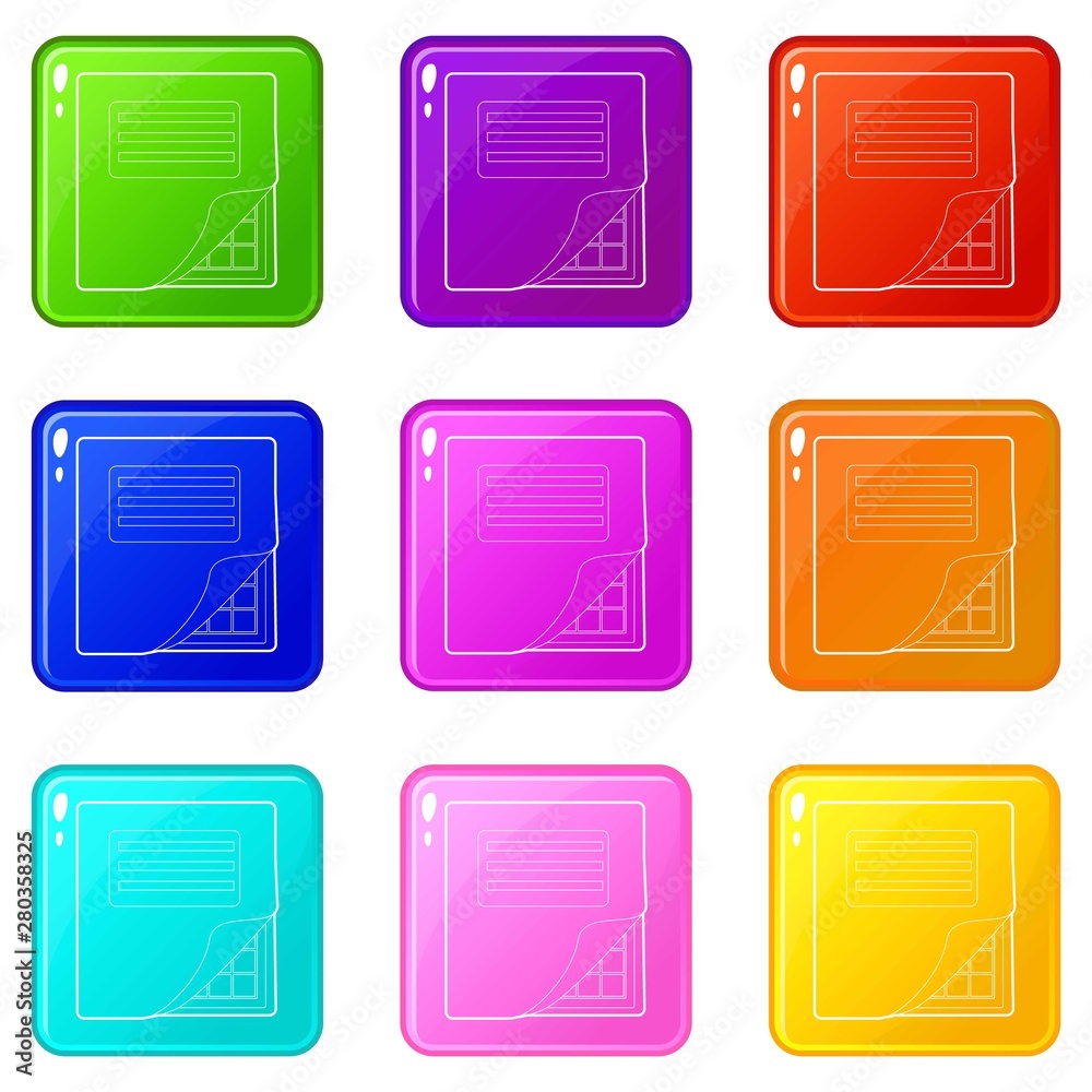Poster folder with table excel icons set 9 color collection isolated on white for any design