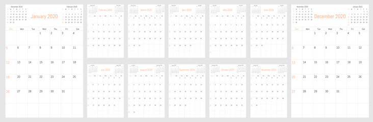 2020 monthly wall calendar. Vector simple design