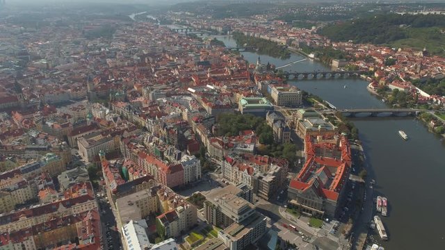 PRAGUE, CZECH REPUBLIC - MAY, 2019: Aerial pamorama drone view of the city centre, cityscape of Prague.
