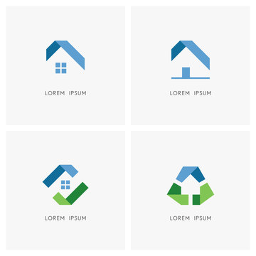 Real estate logo set. Ribbon house or home with window, door and green check mark symbol - realty and property, ecology and ecological building icons.
