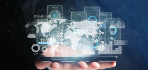 Businessman holding User interface screens with icon, stats and data 3d rendering