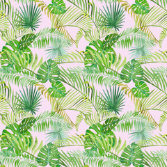 Tropical leaves pattern on pink background. Bright summer pattern.