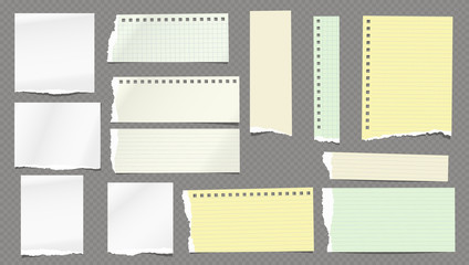 Torn white and colorful note, notebook lined and blank paper pieces stuck on dark squared background. Vector illustration