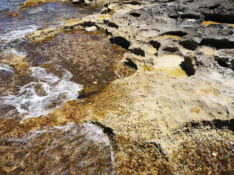 Close-up of a rocky coastline, Bugibba, Malta