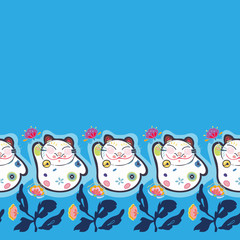 Blue vector repeat border with happy maneki neko cat and pink folk art florals. Japan inspired pattern. Comic style. Perfect for paper and textile projects or events. Surface pattern design.