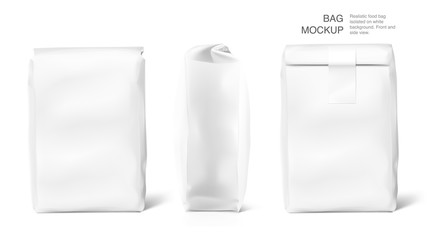 High realistic clean vertical bag mockup with. Front, side, perspective view. Vector illustration isolated on white background. Easy to use for presentation your product, idea, promo, design. EPS10