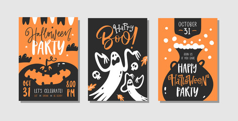 Vector set of Halloween party invitations or greeting cards with handwritten calligraphy and traditional symbols.