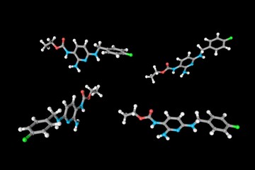 Flupirtine molecule. Atoms are represented as spheres with color coding: hydrogen (white), carbon (grey), oxygen (red), nitrogen (light blue), fluorine (green). 3d illustration