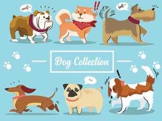 Set of cute cartoon dogs collection on isolated blue background vector illustration