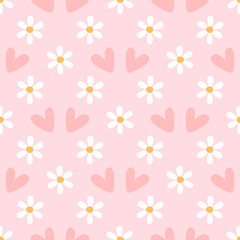 Seamless pattern with daisies and hearts. Romantic print with flowers. Girly vector illustration.
