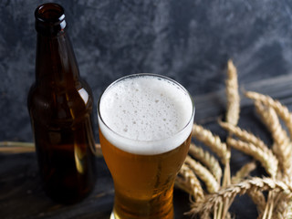Glass of beer on a dark stone background with beer bottle and wheat