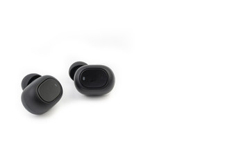 Wireless earbuds or earphones on white background