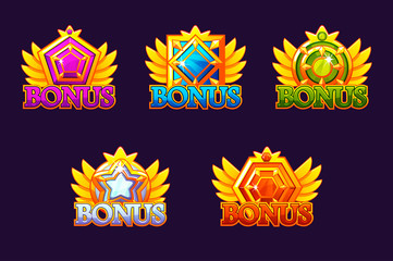 Bonus icons set. Vector Colorful jewelry stones. Awards with gems. Game asset for casino and UI on separate layers