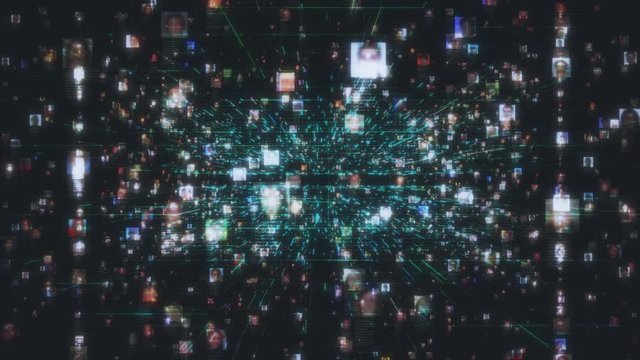 artificial intelligence concept with a social network as a dark stream of unrecognizable people portraits connecting each other in the global web with blue lines on black background, 3d rendering 4K