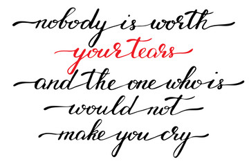 Phrase inspirational valentines day quote lettering handwriting nobody is worth your tears, and the on who is, would not make you cry handwritten text vector
