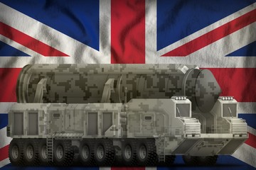intercontinental ballistic missile with city camouflage on the United Kingdom (UK) national flag background. 3d Illustration