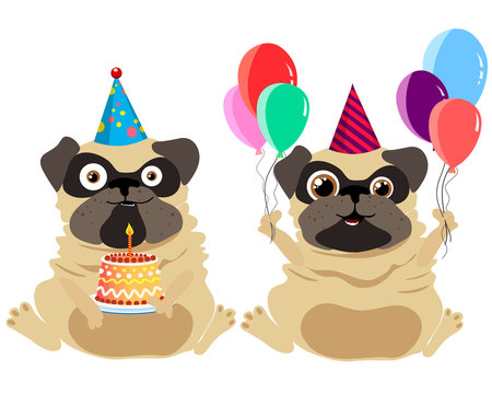 Set of cute cartoon pugs holding birthday cake and balloons. Happy Birthday  greeting card. Vector illustration Stock Vector | Adobe Stock
