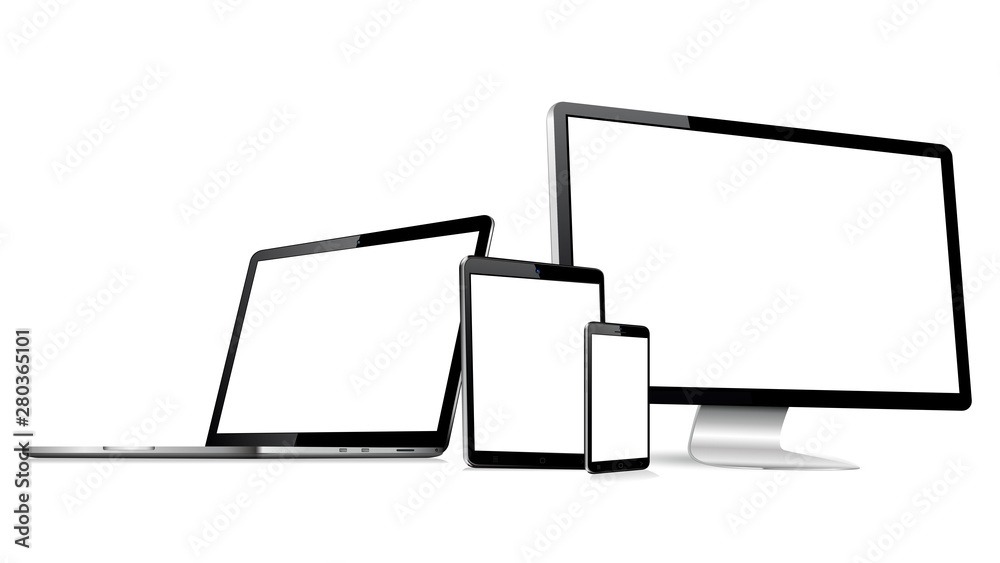 Wall mural responsive web design computer display with laptop and tablet pc with mobile phone isolated