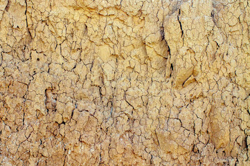 Texture of a steep shore of sandy dry land with cracks.