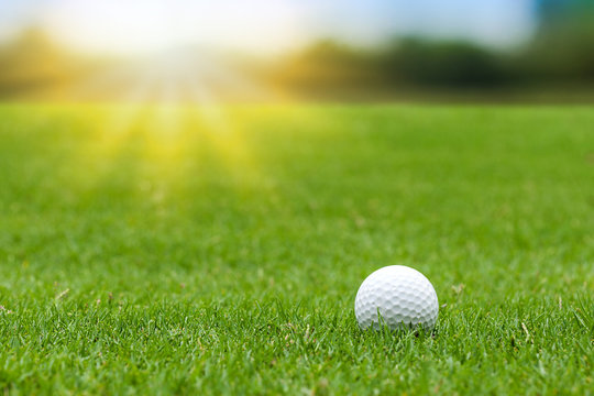 Golf ball on green grass on blurred beautiful landscape of golf course with sunrise,sunset time on background.