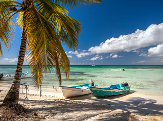A peaceful Caribbean beach an idyllic place to rest and enjoy a relaxing break with sand and palm trees along with moored motor boats.