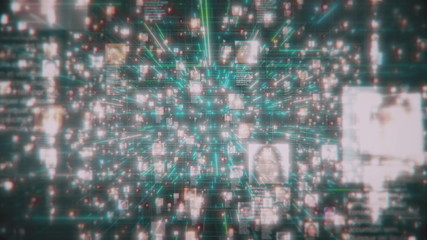 Social network concept with a stream of unrecognizable people portraits in the internet on black space background, 3d rendering 4K footage