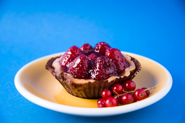 Strawberries tart dessert with blue background