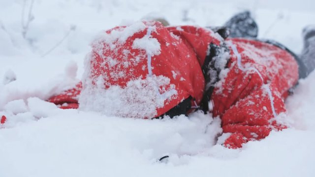 Exhausted stray man crawling in the snow.