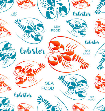 Lobsters. SEAFOOD. Seamless pattern. Symbol and inscription. Background image for restaurant, bar, shop, processing plant, packaging design.	