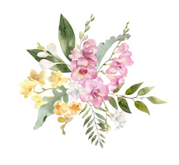 Bouquet of watercolor white pink and yellow freesias