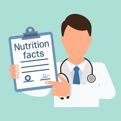 Nutrition facts. Document. Doctor. Vector illustration.